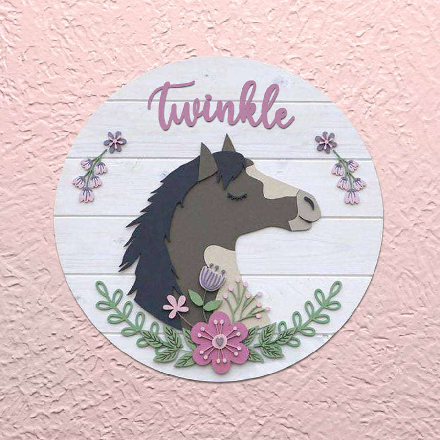 Painted Name Plate For Kids Horse - Mounted on Textured Wall
