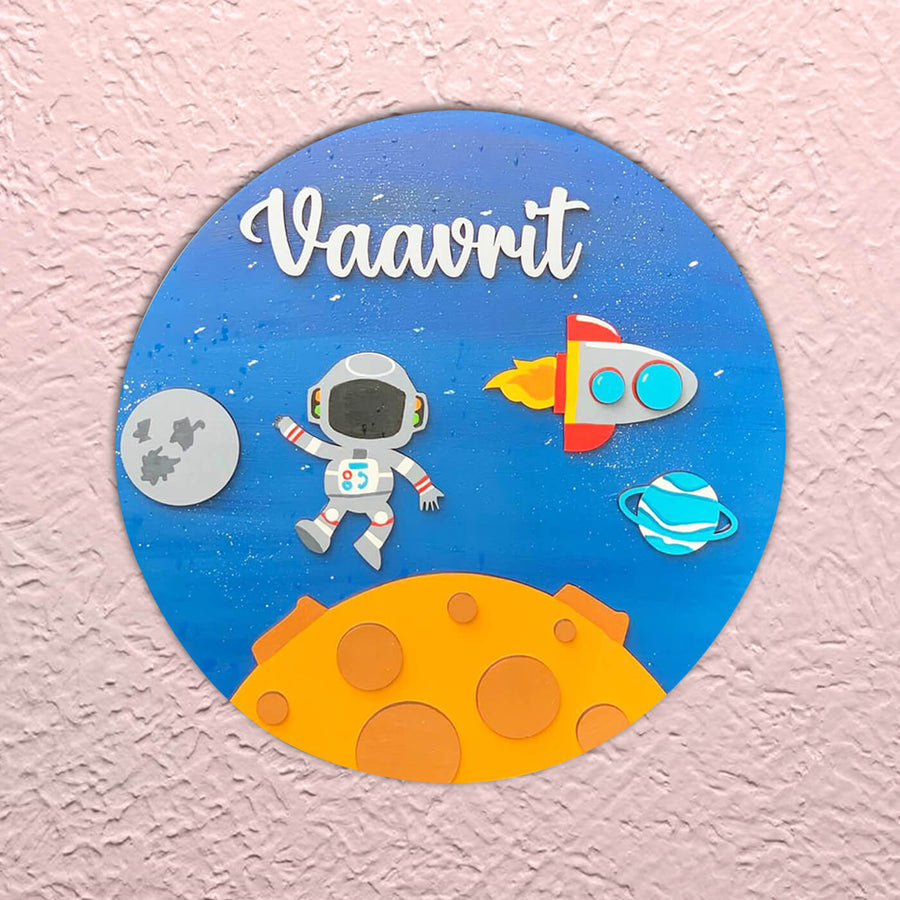 Painted Name Plate For Kids Astronaut In Space - Front View Showing Name Personalization