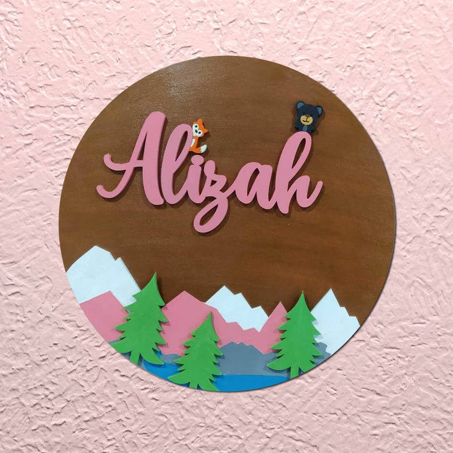 Painted Name Plate For Kids Mountain Peaks - Front View Hanging on Wall