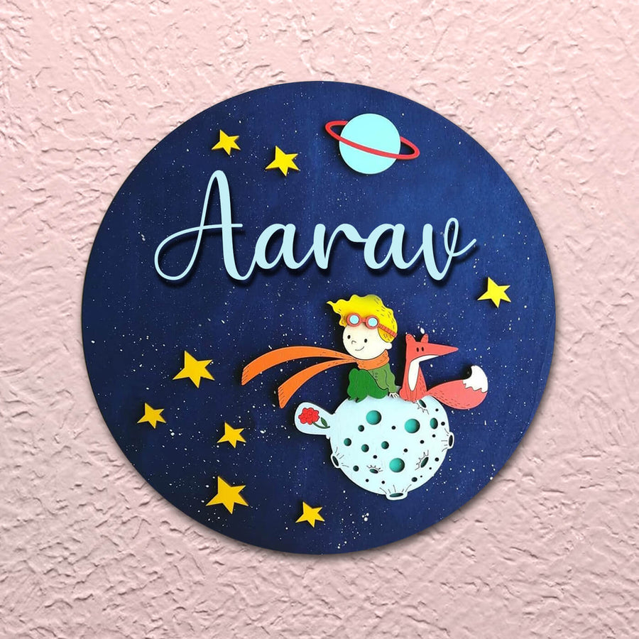 Quirky Painted Name Plate For Kids Young Astronaut Fox - Front View with Name Personalization
