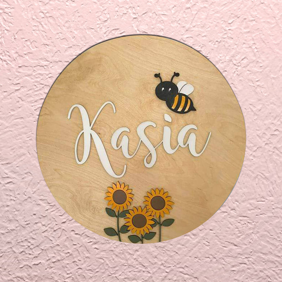 Painted Name Plate For Kids Minimalist Sunflowers - Name Personalization Example Front View