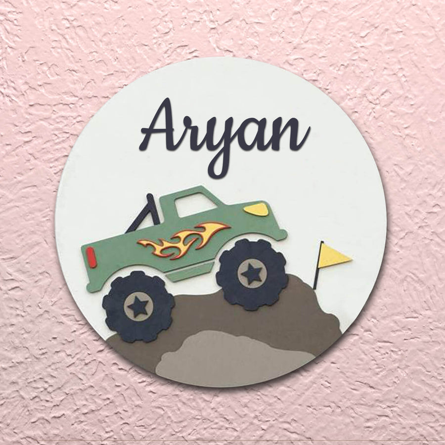 Painted Name Plate For Kids Dirt Truck - Front View with Name Personalization