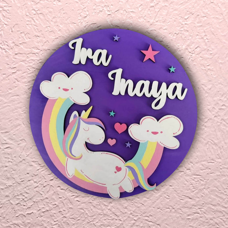 Quirky Painted Name Plate For Kids Purple Unicorn - Front View with Name Personalization