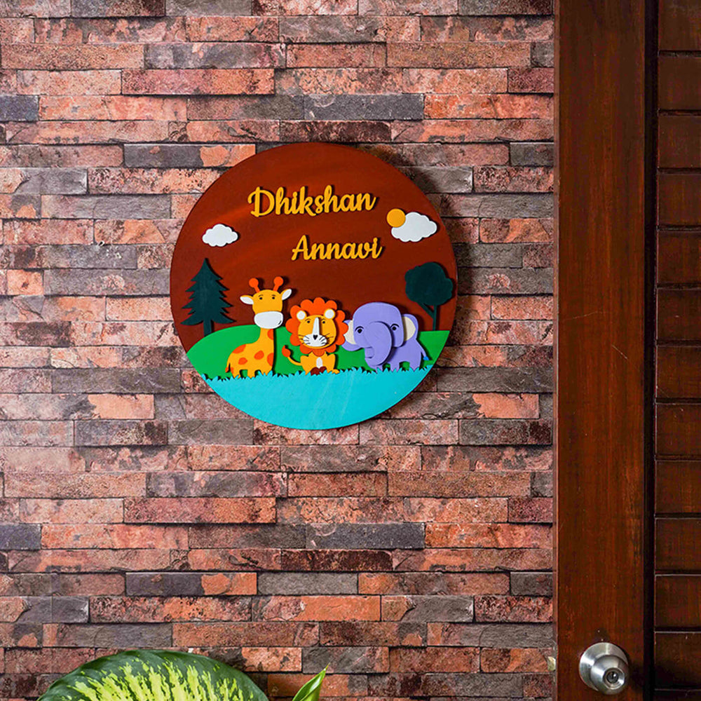 Quirky Painted Name Plate For Kids Cute Animals - Mounted on Brick Wall Display
