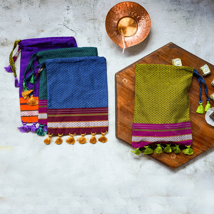 Double Color Handstitched Khun Potli with Tassels - Set of 4