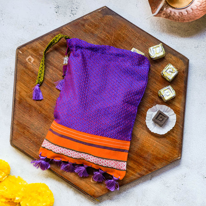 Handstitched Khun Potli with Tassels - Violet & Orange