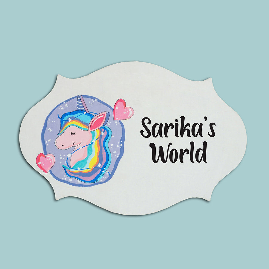 Handpainted Victorian Oval Unicorn Theme Kids Name Plate - Front View with Name Personalization