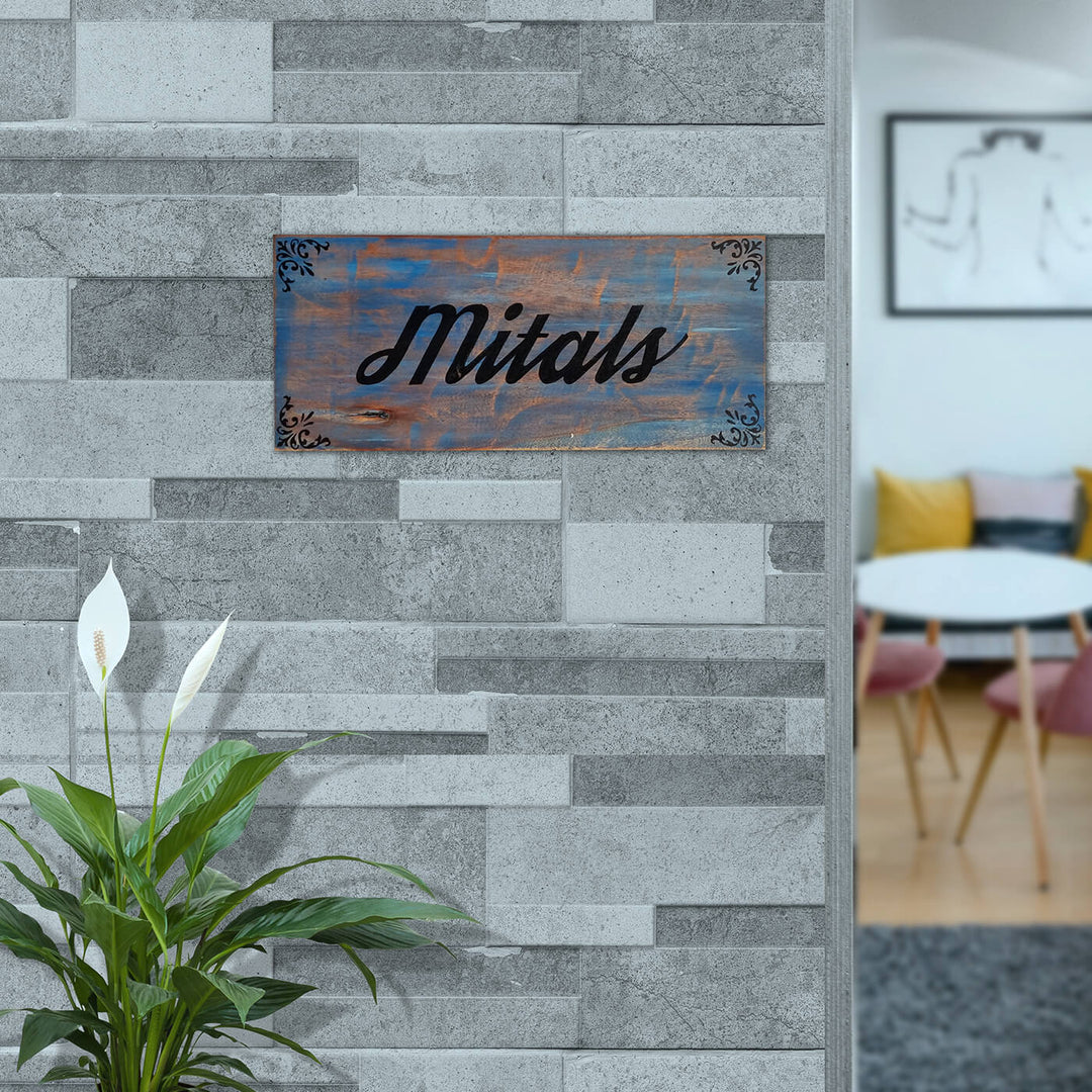 Rustic Wood Hand Painted Rectangular Family Name Plate - Mounted on Gray Brick Wall