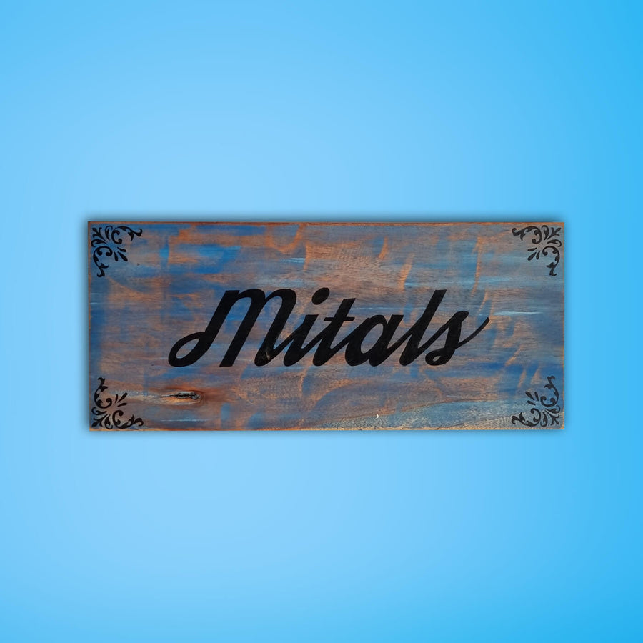 Rustic Wood Hand Painted Rectangular Family Name Plate - Front View on Plain Background