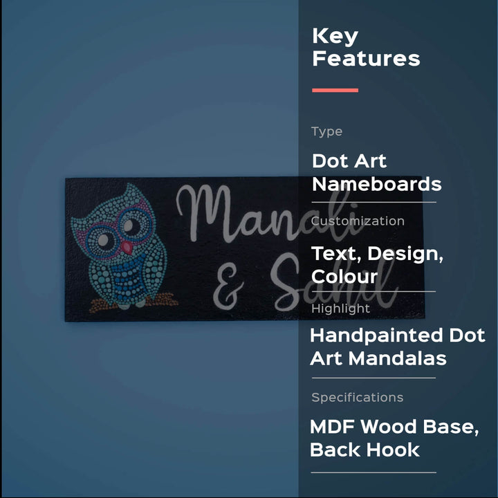 Handpainted Rectangular Owl Dot Art Nameplate for Kids