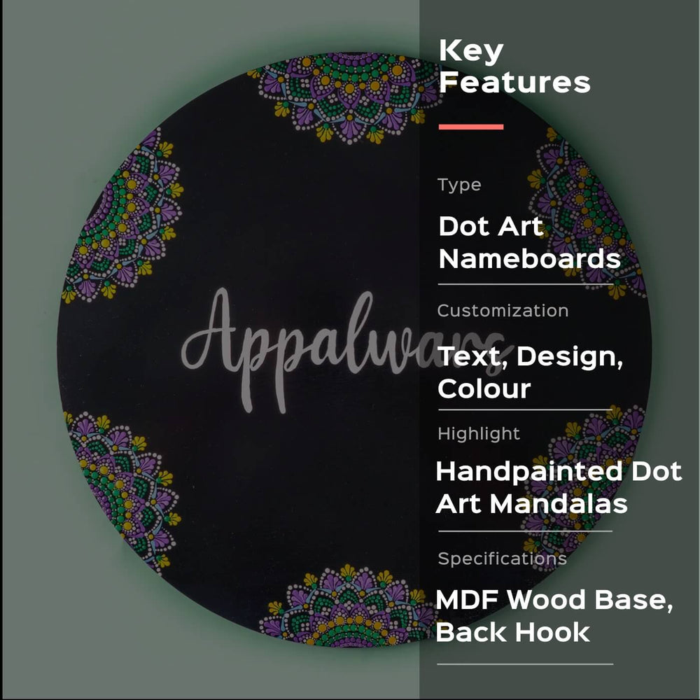 Dot Art Name Plate Big Circular Black 1 - Front View with Key Features Overlay