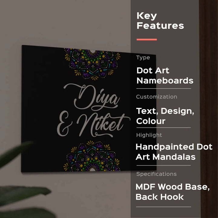 Handpainted Rectangular Dot Art Nameplate for Couples