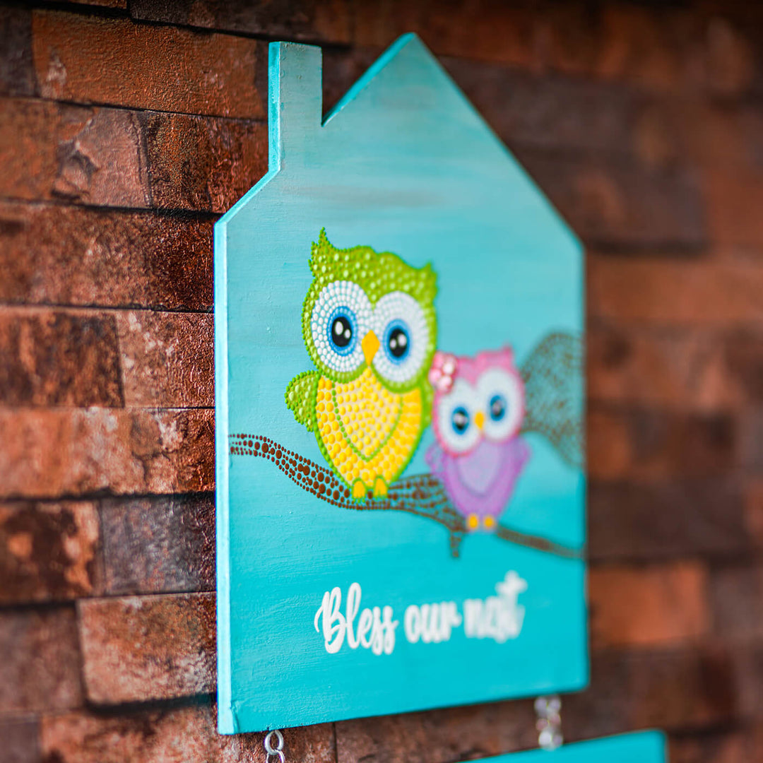 Handpainted House Shaped Owl Dot Art Nameplate for Couples