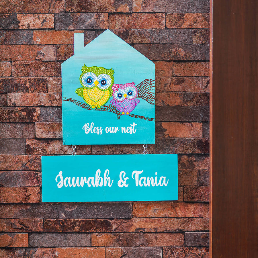 House Shaped Dot Art Name Plate Owls - Mounted on Brick Wall Display