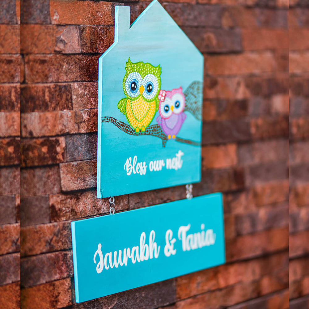 House Shaped Dot Art Name Plate Owls - Hanging Two-Part Sign Close-up