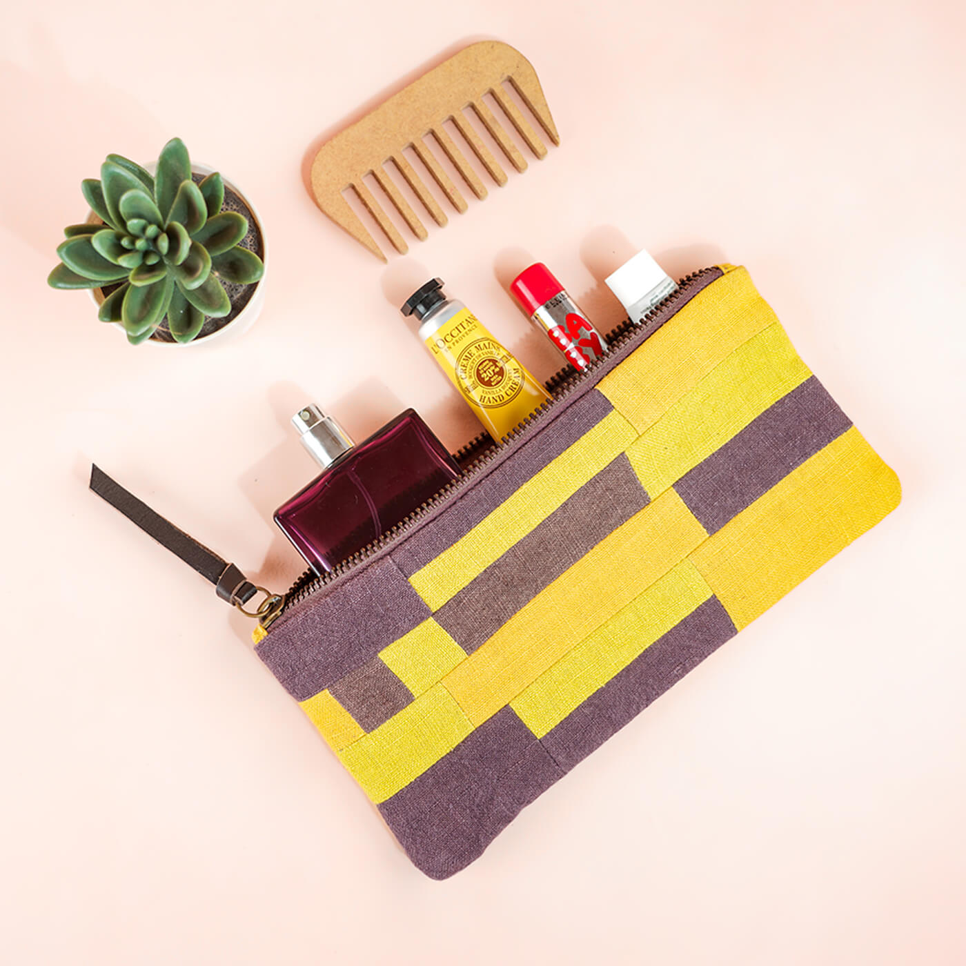 Upcycled Yellow Patchwork Makeup Pouch Zwende