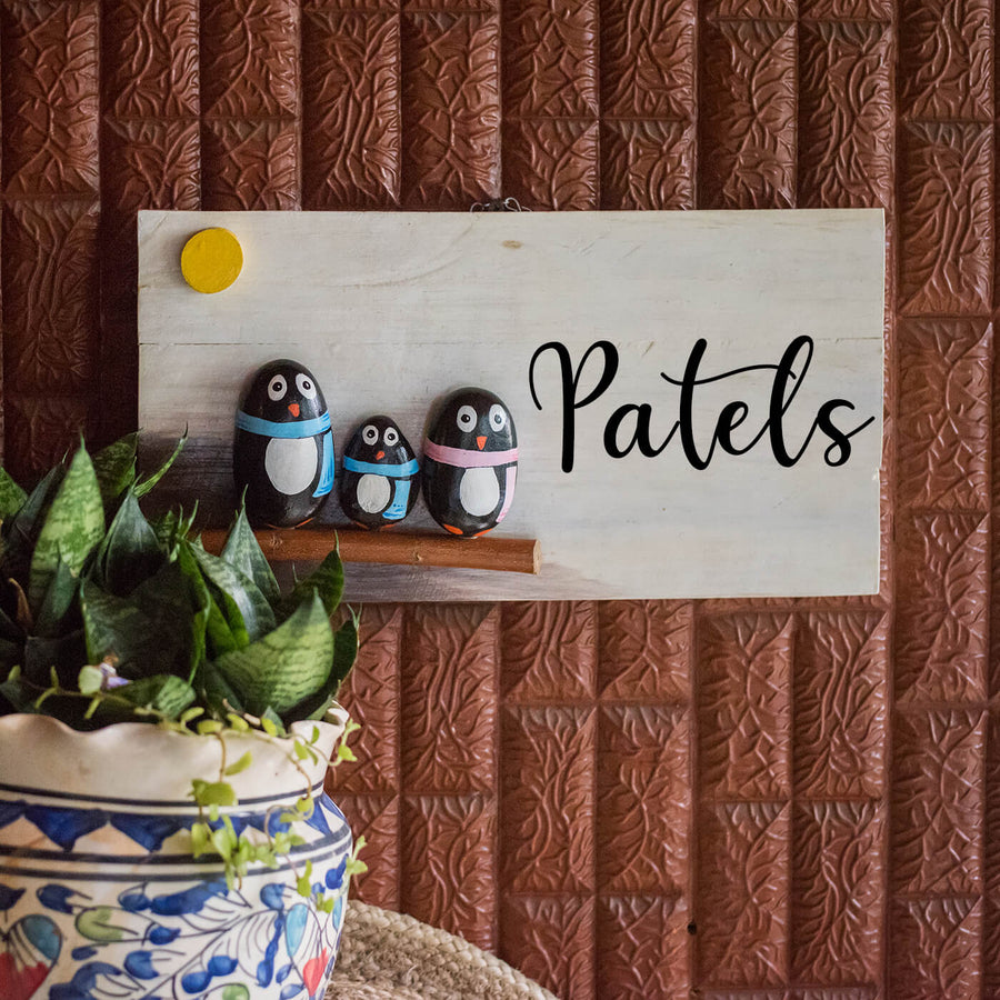 Hand Painted Three Penguin 1 - Mounted on Wall with Personalized Name