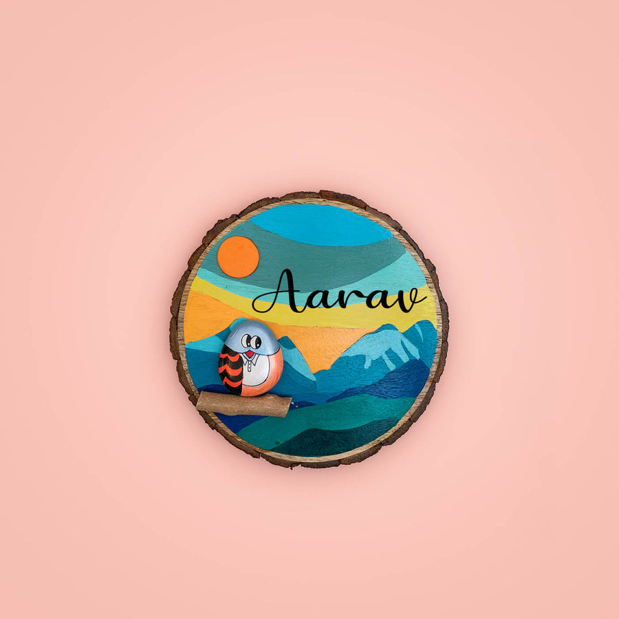 Handpainted Boy Owl Pebble Art And Wood Kids Name Plate - Front View with Name Personalization