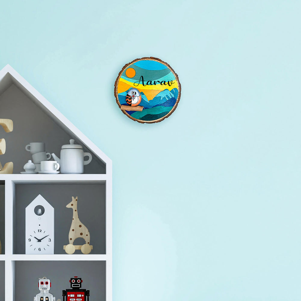 Handpainted Boy Owl Pebble Art And Wood Kids Name Plate - Mounted on Wall in Room Setting