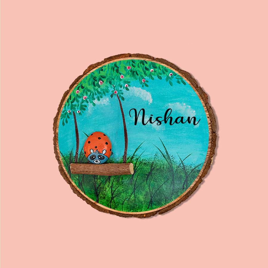 Handpainted Raccoon Pebble Art And Wood Kids Name Plate - Front View with Name Personalization
