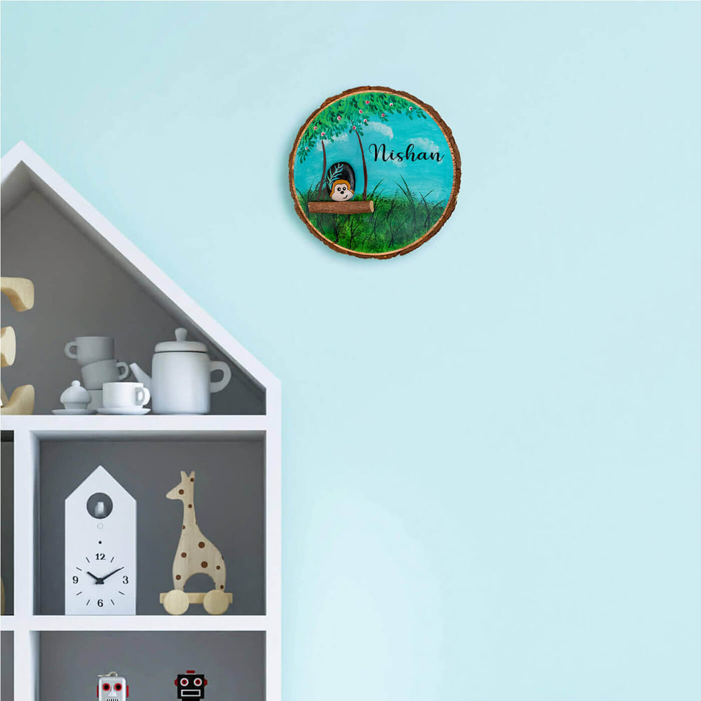Handpainted Monkey Pebble Art And Wood Kids Name Plate - Mounted on Wall Above Shelf