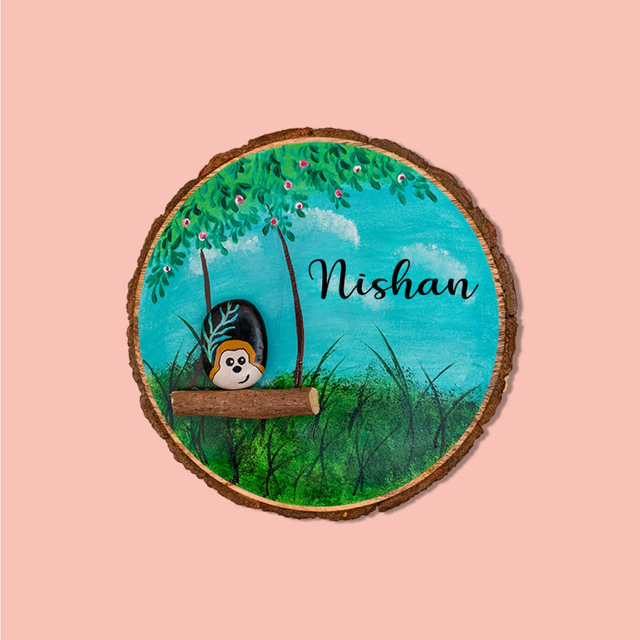 Handpainted Monkey Pebble Art And Wood Kids Name Plate - Front View with Name Personalization