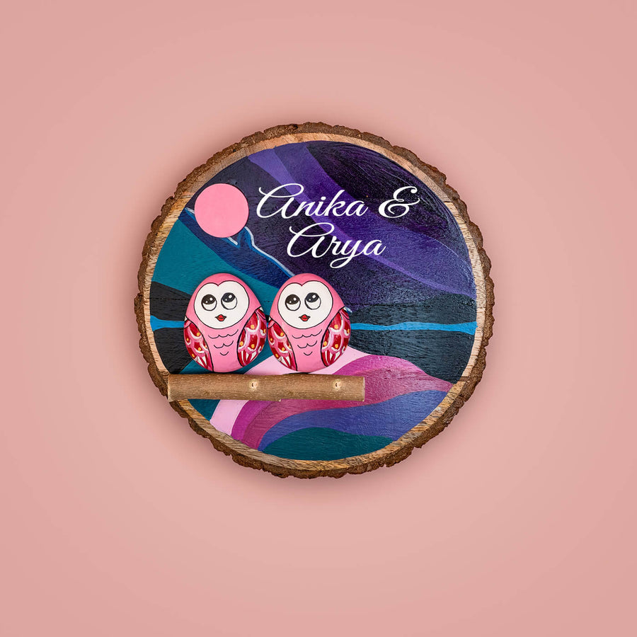 Handpainted Girl Owl Pebble Art And Wood Kids Name Plate - Front View with Name Personalization