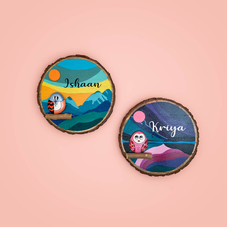 Handpainted Sibling Owl Pebble Art And Wood Kids Name Plate Set Of 2 - Name Personalization Example Side by Side