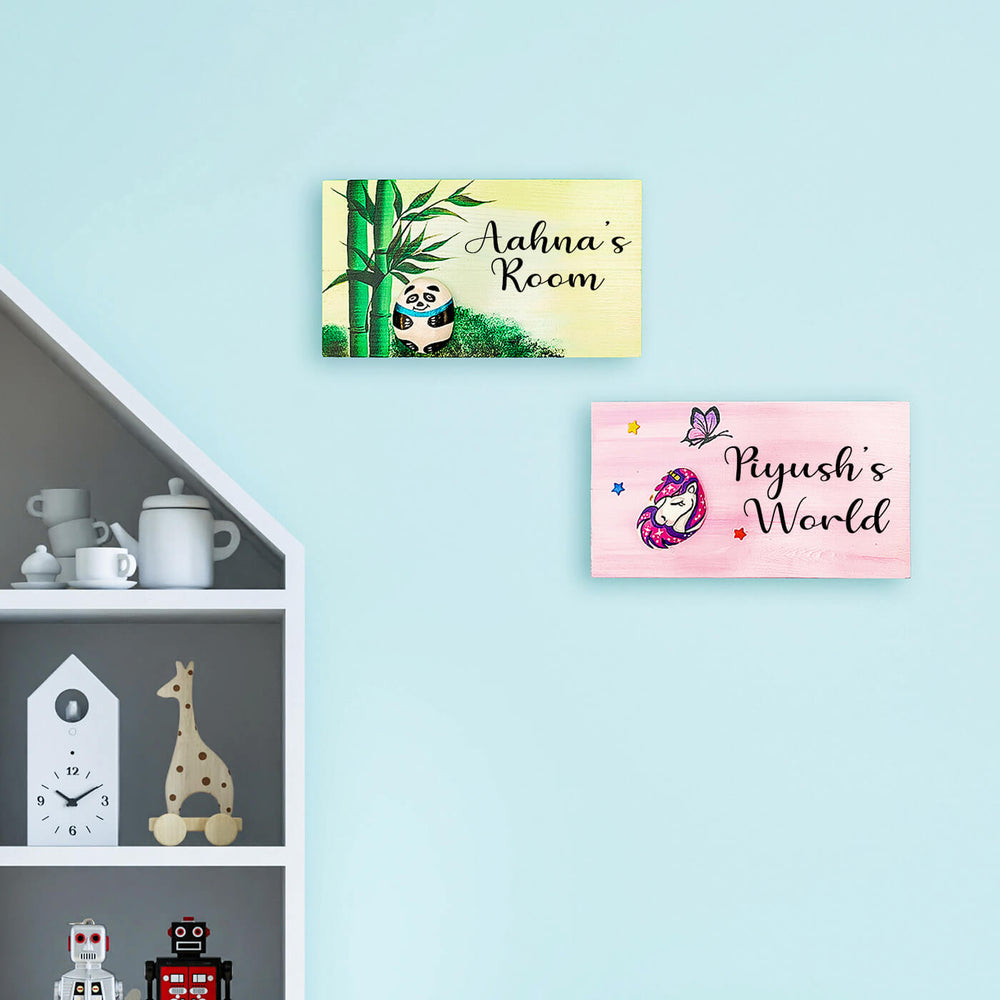 Handpainted Unicorn And Panda Pebble Art And Wood Kids Name Plate Set Of 2 - Mounted on Wall with Name Personalization