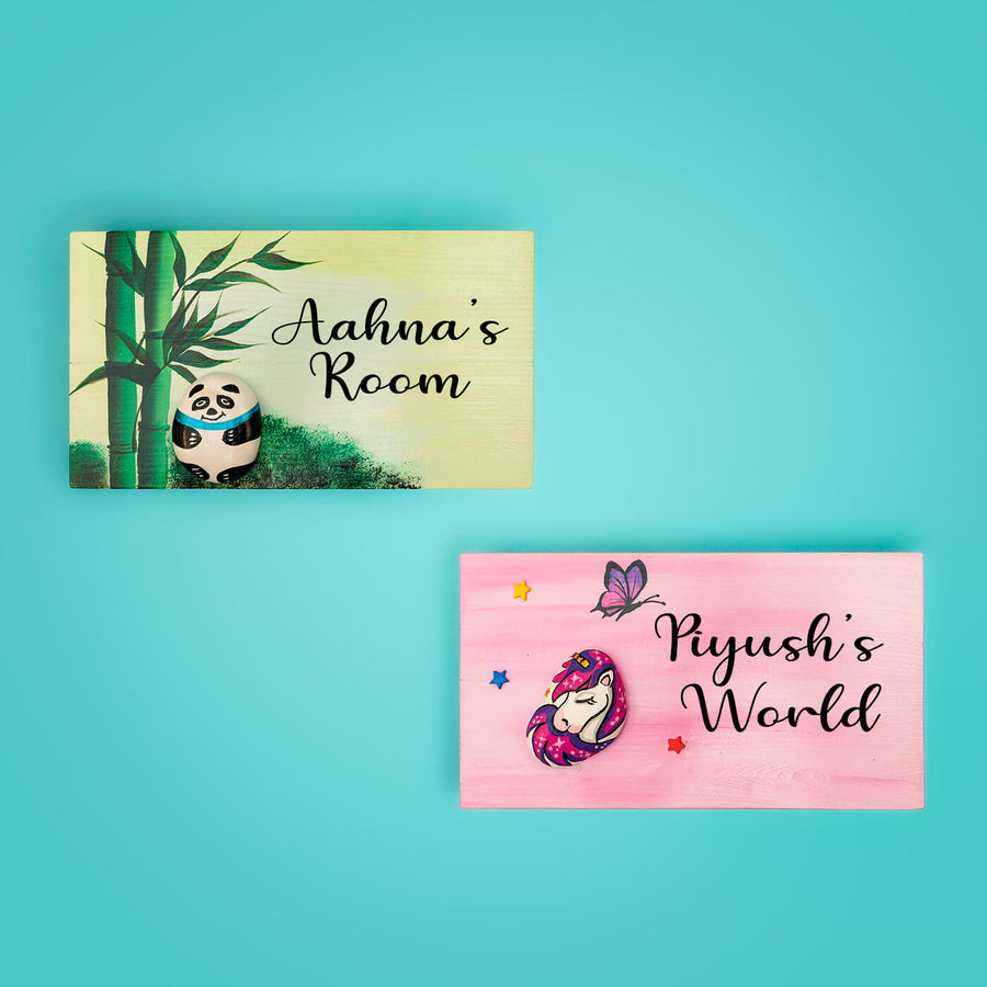Handpainted Unicorn And Panda Pebble Art And Wood Kids Name Plate Set Of 2 - Front View Showing Personalization Example