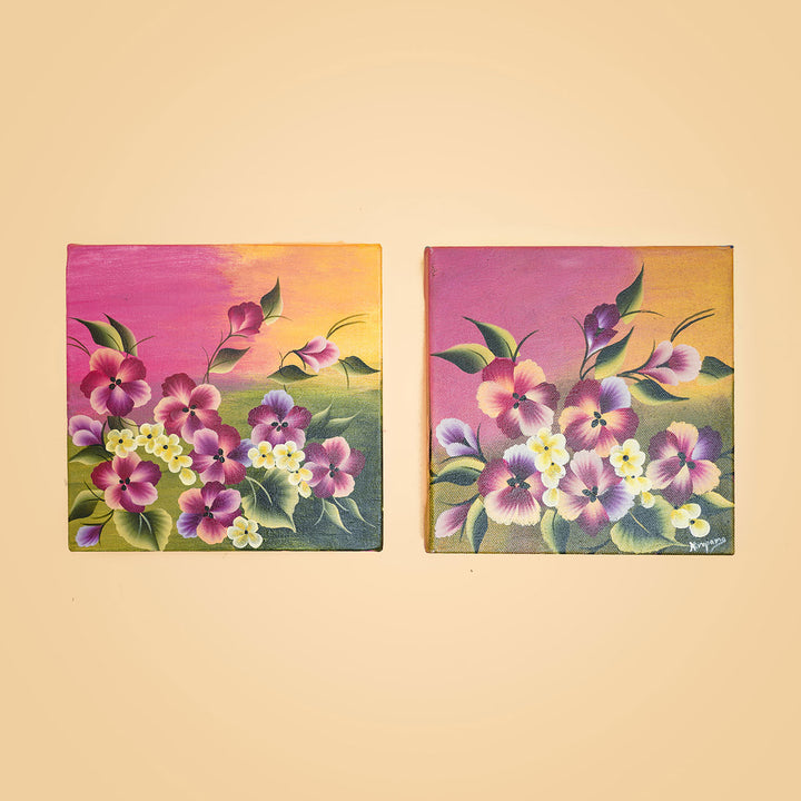 Handpainted One Stroke Art Canvas Wall Hanging - Pansies (Set of 2)
