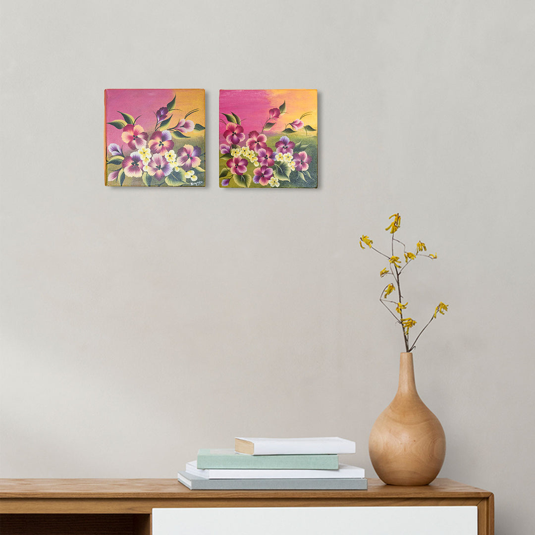 Handpainted One Stroke Art Canvas Wall Hanging - Pansies (Set of 2)