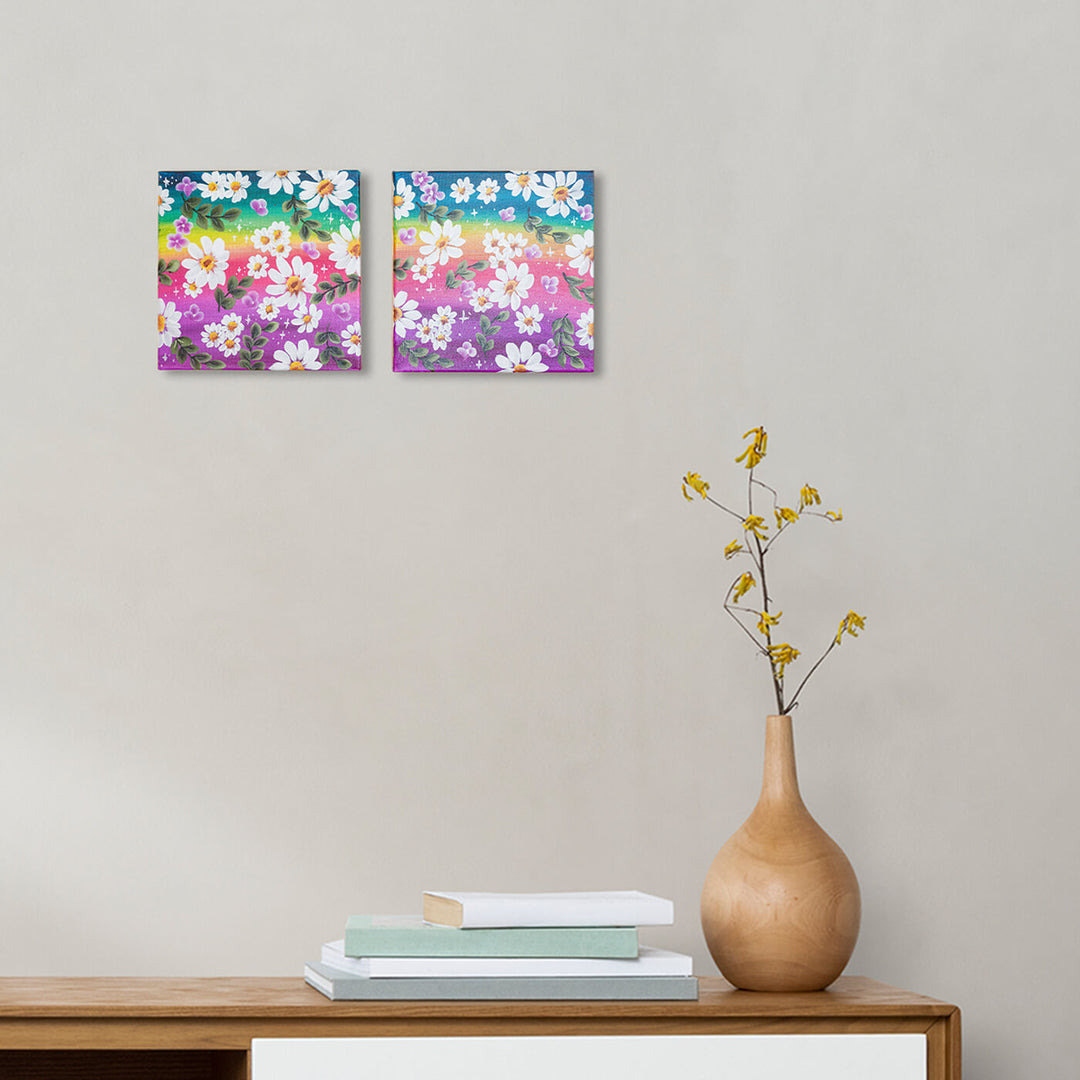 Handpainted Daisy One Stroke Art Canvas Wall Hanging (Set of 2)
