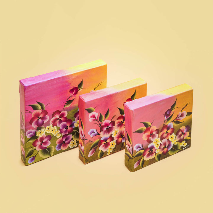 Handpainted Pansy One Stroke Art Canvas Wall Hanging - Set of 3