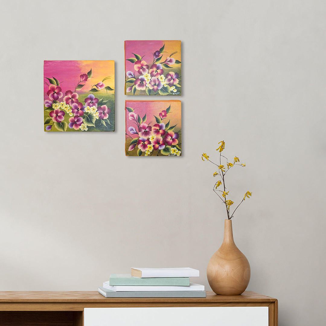Handpainted Pansy One Stroke Art Canvas Wall Hanging - Set of 3
