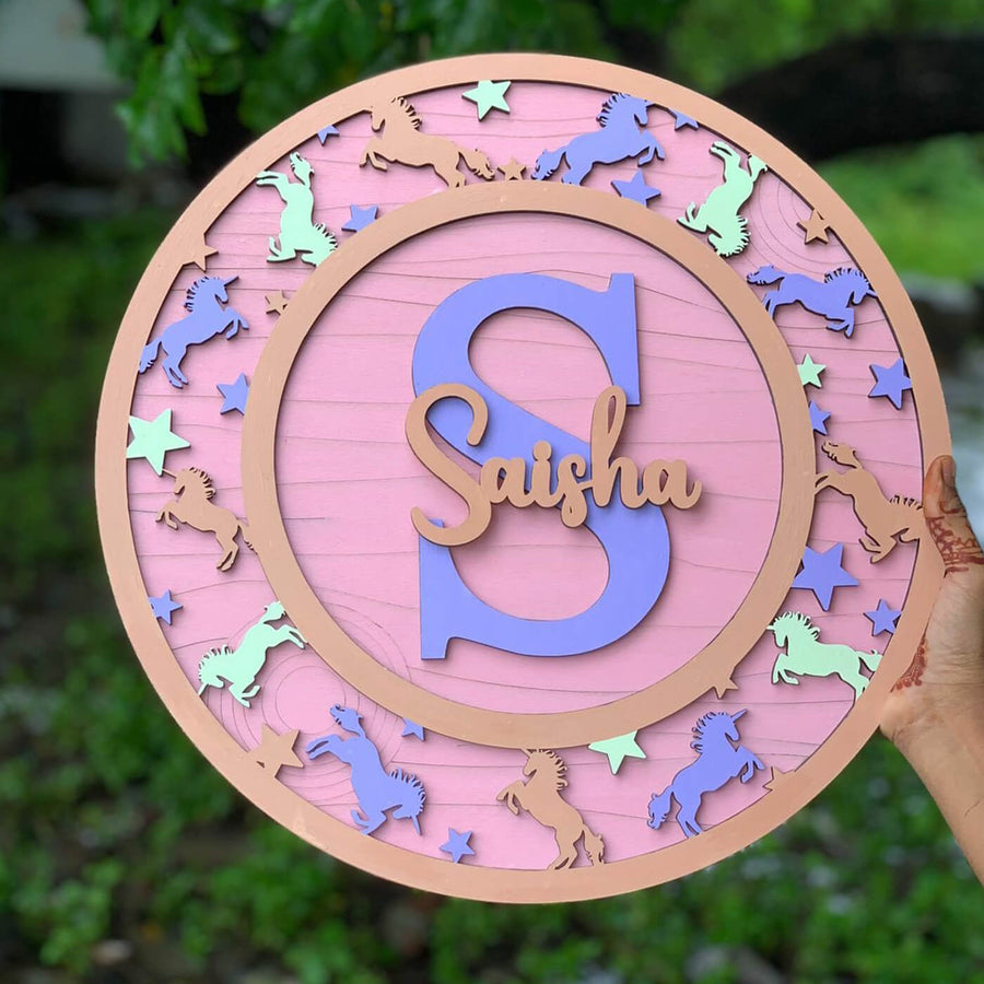Painted Name Plate For Kids Initial Name With Unicorn Border - Handheld Front View Personalization Example