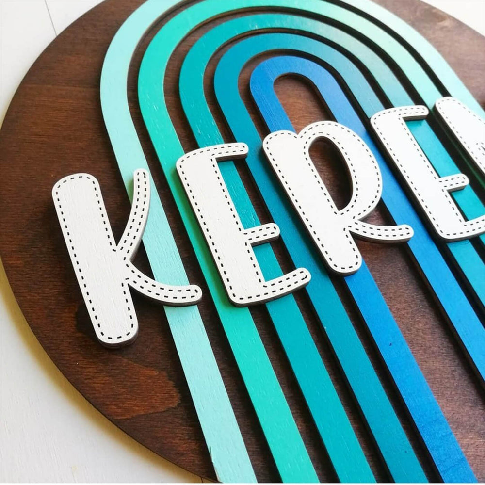 Painted Nameboard For Kids Shades Of Blue Rainbow - Close-up of Lettering and Design