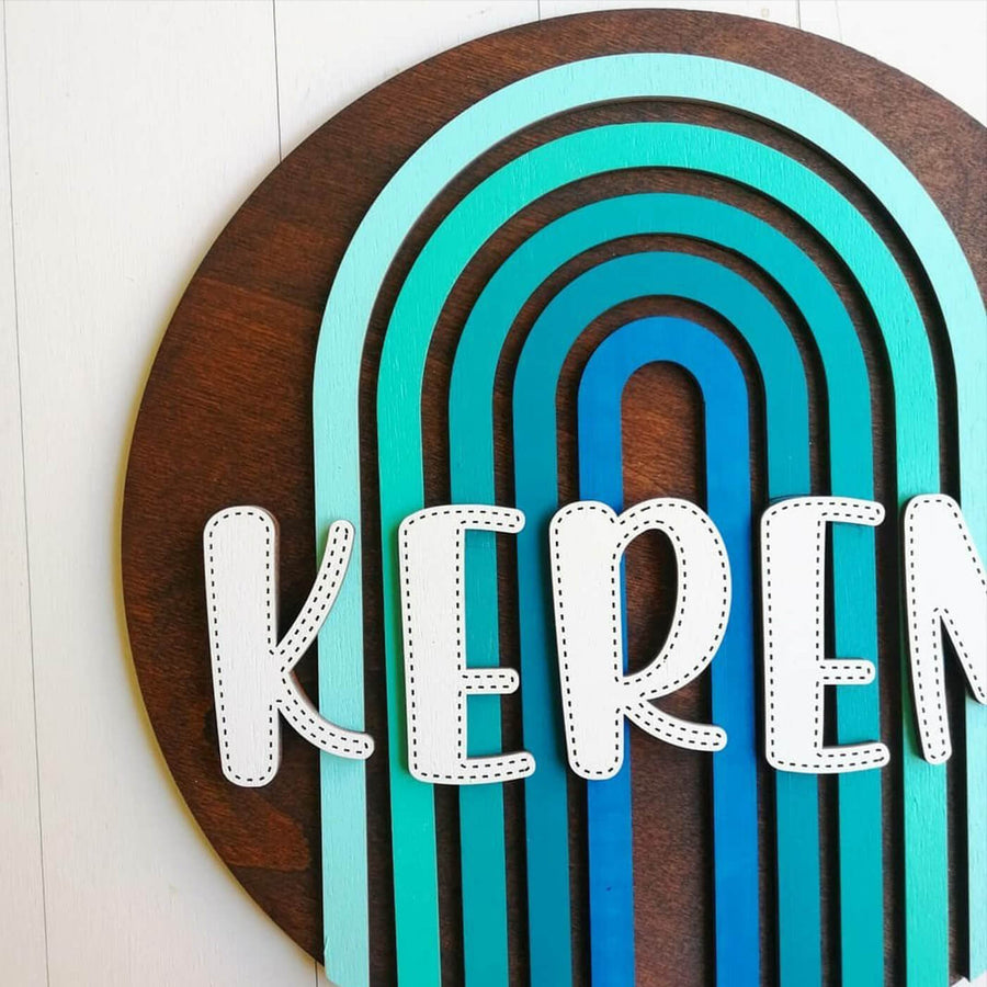 Painted Nameboard For Kids Shades Of Blue Rainbow - Personalized Name Close-up on Sign