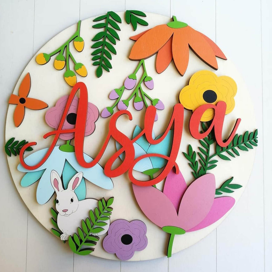 Painted Nameboard For Kids Rabit Flowers - Front View with Name Personalization