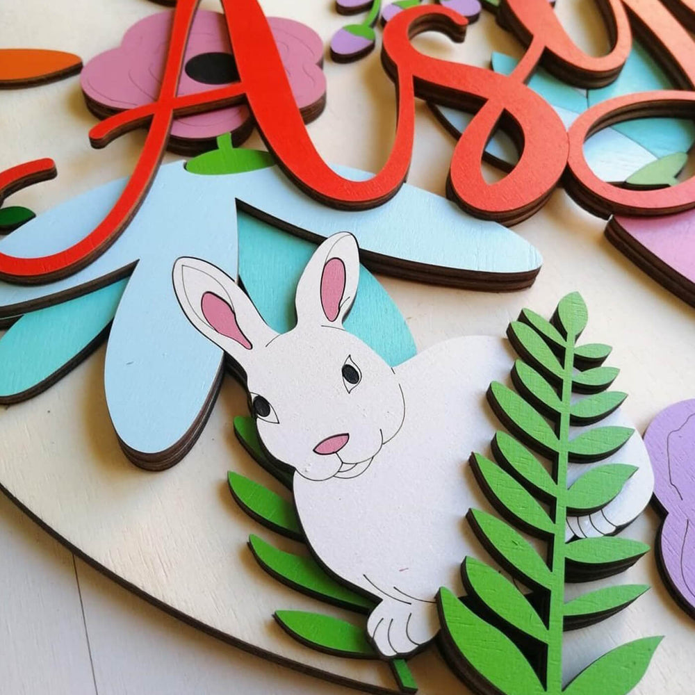 Painted Nameboard For Kids Rabit Flowers - Layered Detail Close-up