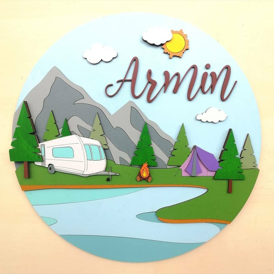 Painted Nameboard For Kids Camping Theme - Top Down View with Personalization