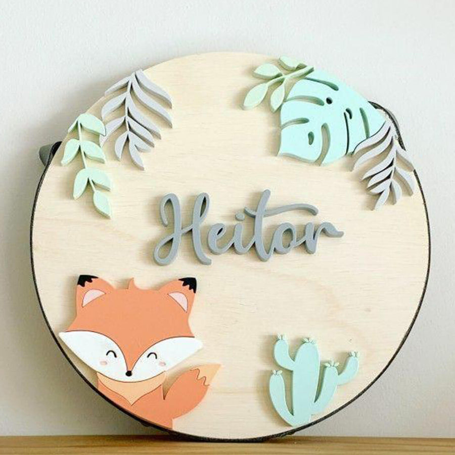 Quirky Painted Nameboard For Kids Fox Leaves - Name Personalization Example Front View