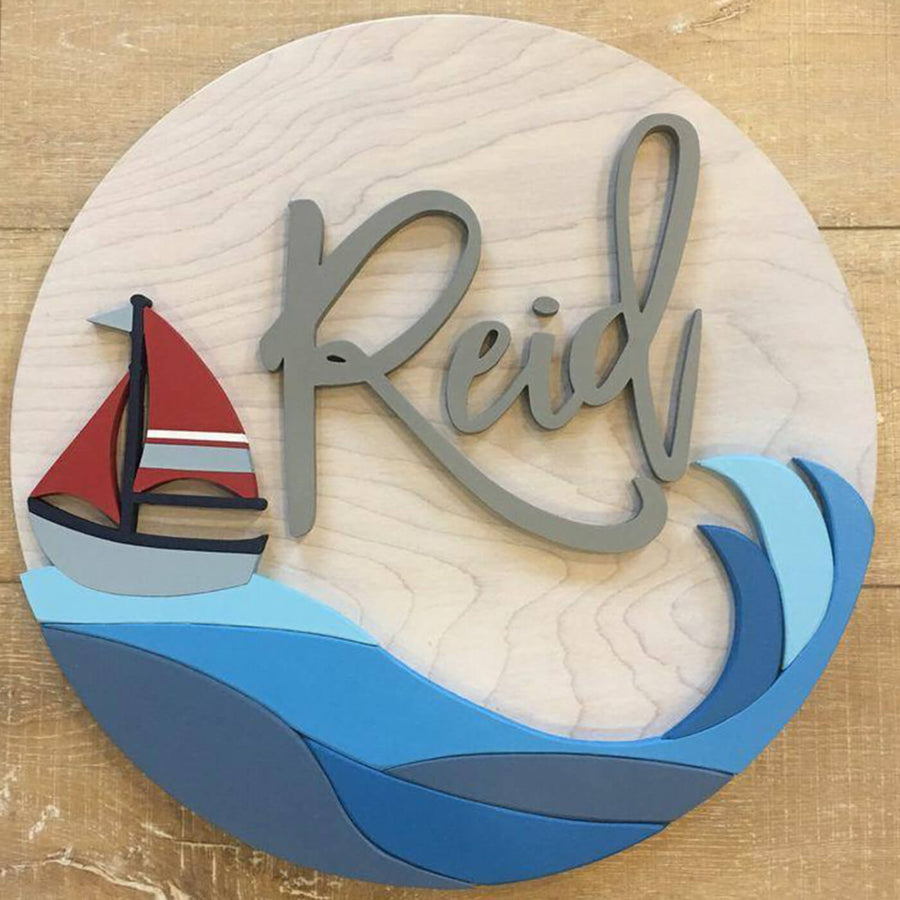 Painted Nameboard For Kids Boat Sea - Front View Flat on Surface