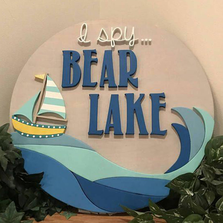 Painted Nameboard For Kids Boat Shades Of Blue - Front View with Decorative Elements
