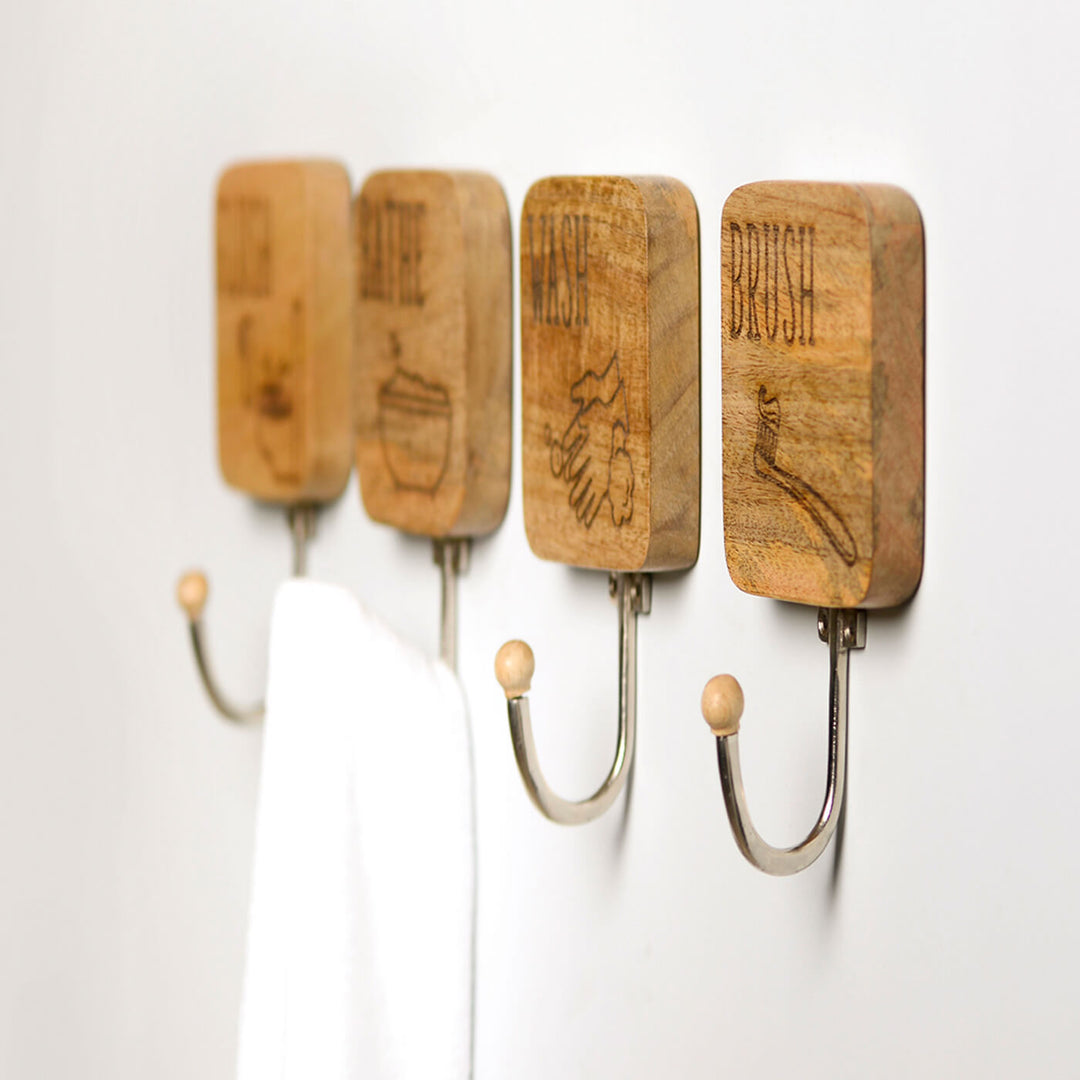 Etched Wood Utlity Hooks for Washrooms - Set of 3