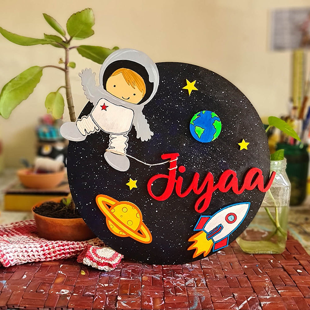 Space Theme Name Plate For Kids - Front view with name personalization