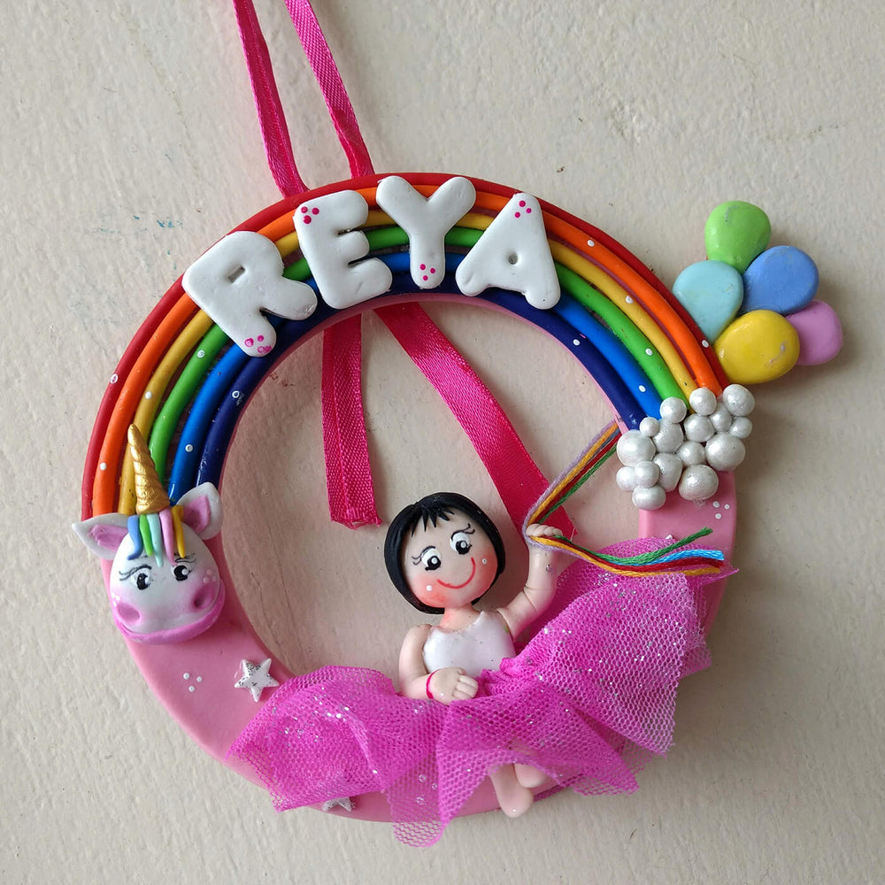 Personalised Rainbow Unicorn Wall Hanging For Girls - Front View Hanging Pink Ribbon