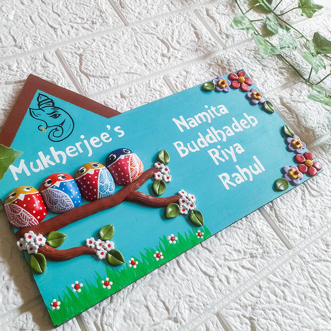 Handmade Owl Family Name Plate With Personalised Clay Figures 1 - Angled Top View Showing Personalization