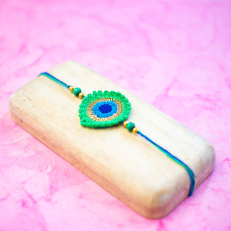 Crochet Rakhi Set Zari Rakhi With Dabu Printed Mask - Wristband Close-up