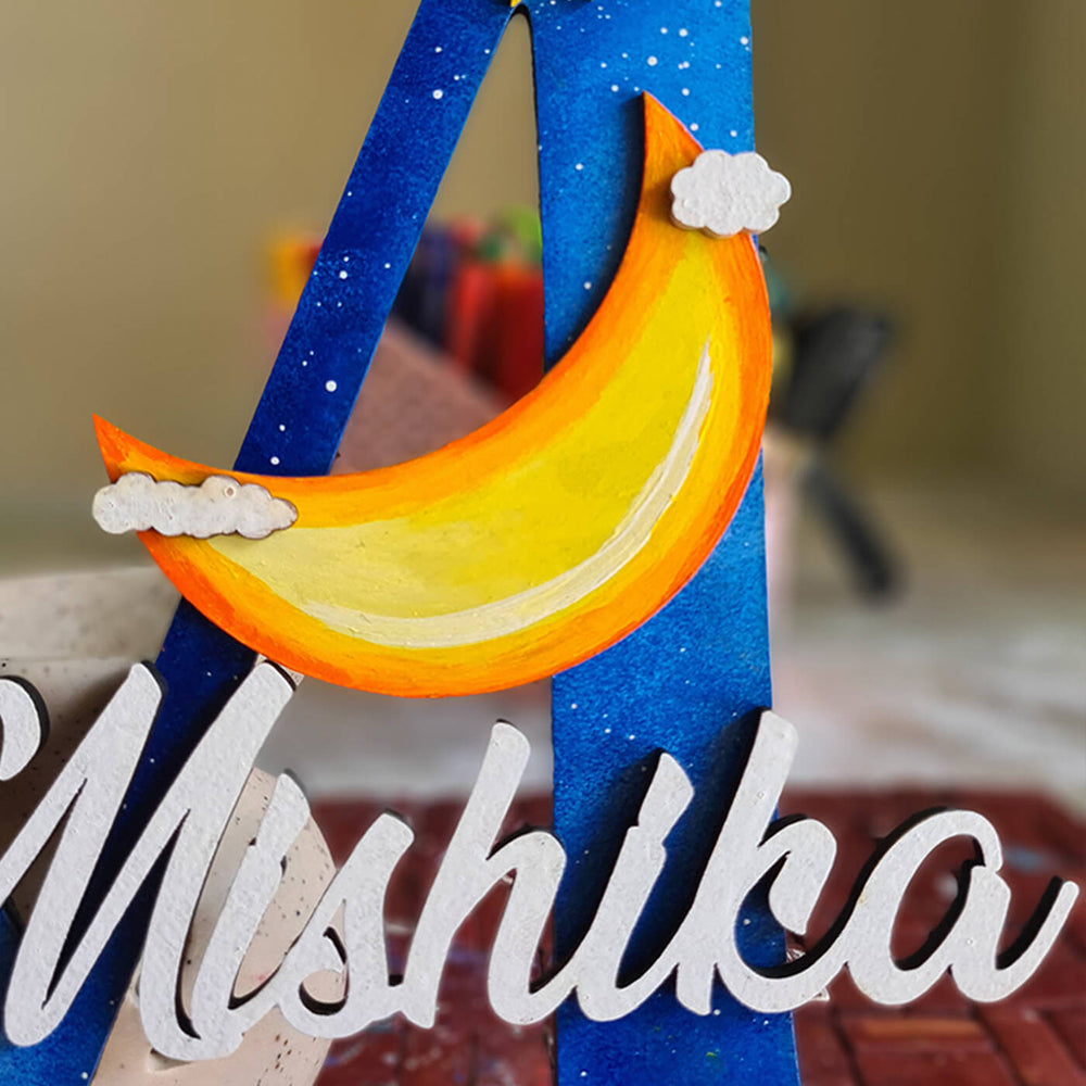 Starry Night Monogram Name Plate For Kids - Close-up of Name Personalization Detail